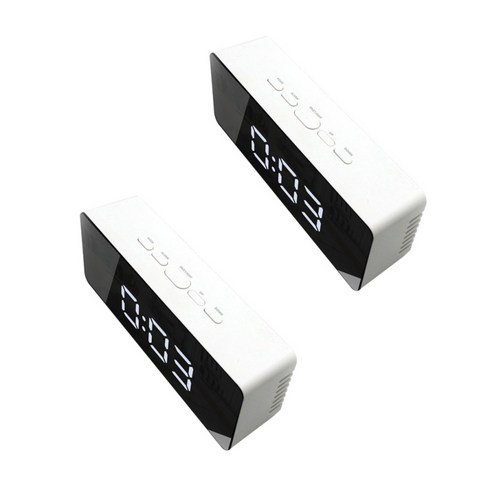2P미러 탁상알람 시계 PYRUS야간 조명 디지털 다용도, 화이트 &amp; 클리어, 플라스틱