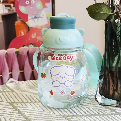 【휴대용 물병】귀여운 만화 플라스틱 컵 높은 생긴 큰 배꼽 컵 밀짚 대용량 남녀 스트랩 휴대용 주전자, 색깔8_단일 컵