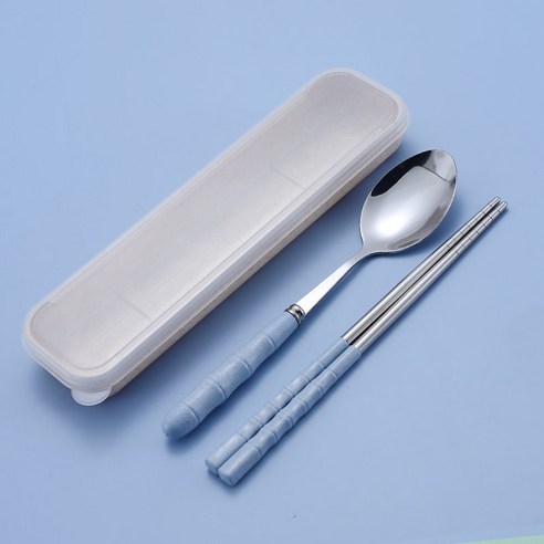 세 조각 스테인리스 밀 밀짚 식기 성인 숟가락 젓가락 포크 휴대용 귀여운 학생 여행용, 옵션4, 블루