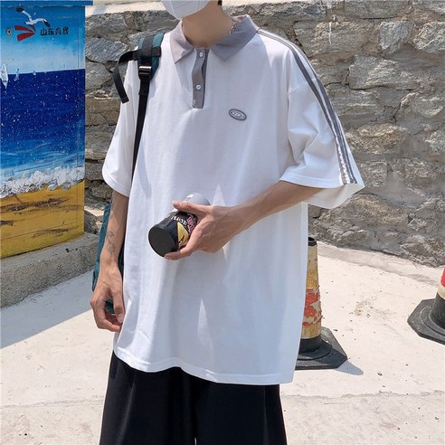 DFMEI 느슨한 옷깃 커플 다목적 반팔 스트라이프 폴로 셔츠
