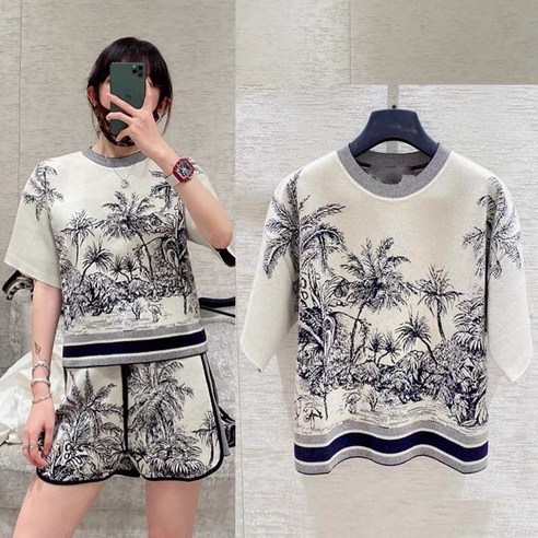 KORELAN 여름 태국 동남아 야자수 수묵화 패턴 세트 여성 반팔 티셔츠 반바지 2종 세트