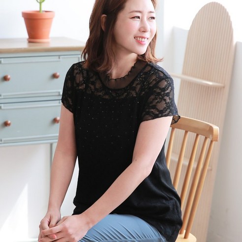엄마옷 백합사 레이스 망사 핫픽 반팔 블라우스 티셔츠[P202_201] 40대 50대 중년여성의류 여성용 마담 미시옷