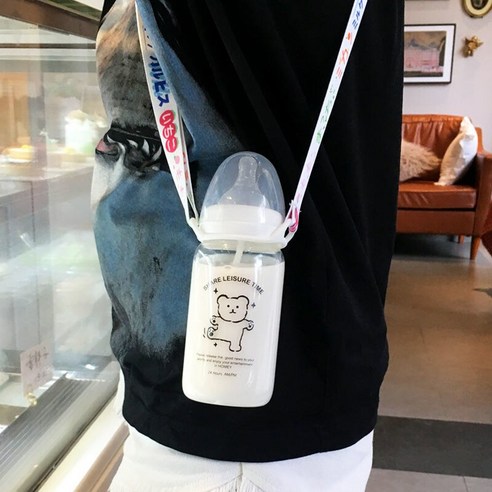 한국어 스타일 귀여운 컵 졸업 짚 성인 크리 에이 티브 유리 컵 여학생 젖꼭지 컵 휴대용 컵, 330ml블랙곰스케일240_단일병+밀짚중력볼+스트랩
