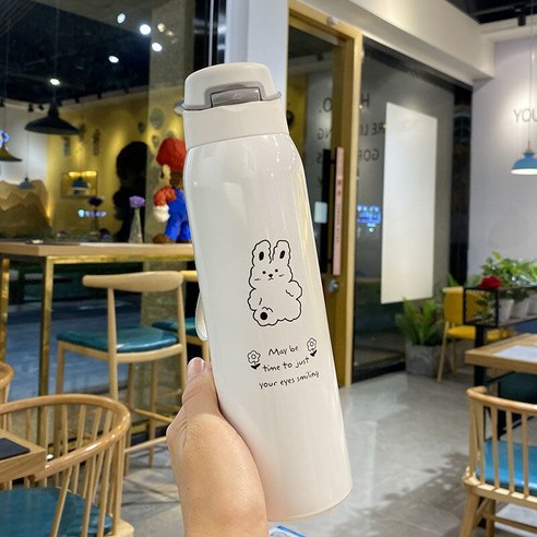 여성 보온병 하라주쿠 스타일 일본식 컵 휴대용 작은 찾고 밀짚 컵 슈퍼 귀여운 컵 여자, 큰 토끼 500ML, 컵 + 컵 브러시 + 밀짚