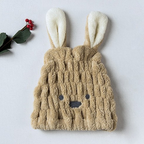 직 산호 털 캐릭터 드라이 모자 속 건 토끼 귀 흡수 드라이 모자 여자 성인 목욕 모자, 30x25, 커피색