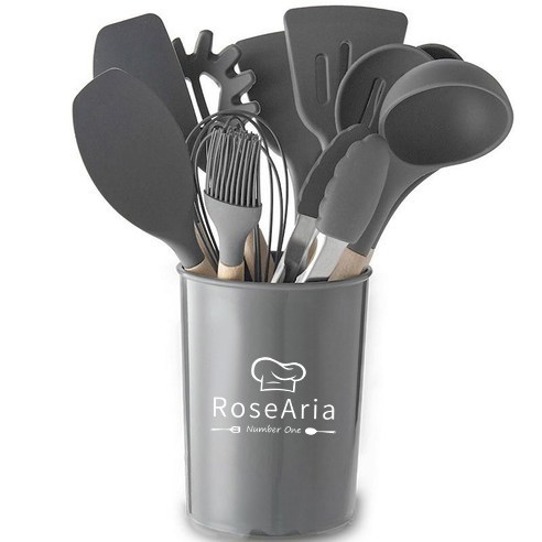 Rosearia 실리콘 나무 손잡이 주방 조리도구 12종 세트 수납통 포함, 그레이