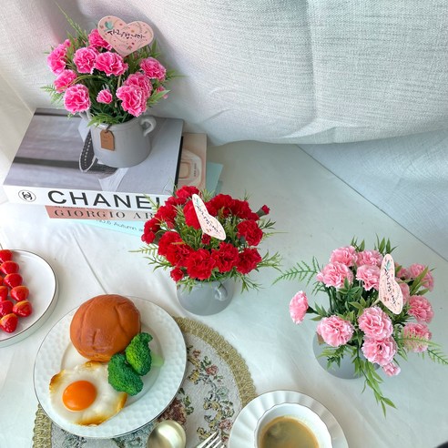 어버이날 카네이션 조화, 스승의 날 선물 화분 장식 소품 (핑크) – 투명가방 포함 카네이션화분