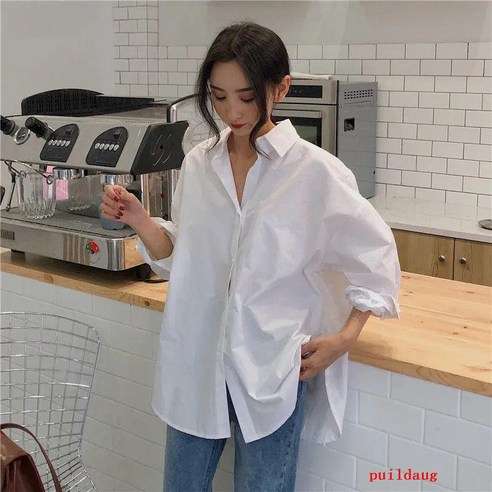 puildaug 흰 셔츠 여성의 봄과 가을 복고풍 느슨한 긴 소매 여성용 셔츠