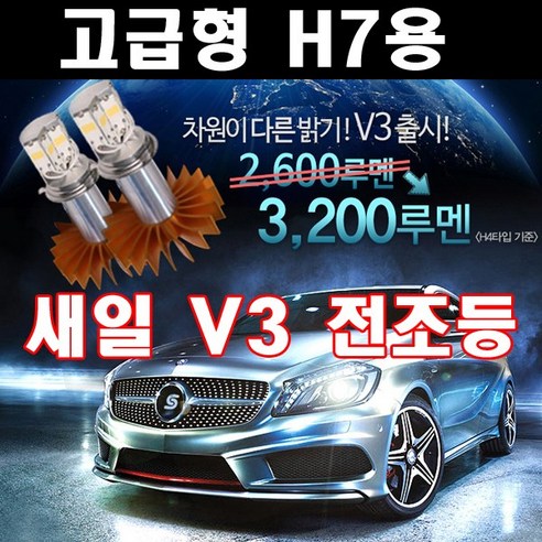 새일 LED 전조등 V3/최신형 신제품/HID 단속 대응/화이트 헤드라이트/화이트 전조등/전조등 램프/엘이디 전조등/라이트 전구/헤드라이트 벌브/파워임팩트/파워빔/V2/차량 1대분, H7-L 소켓 고정형