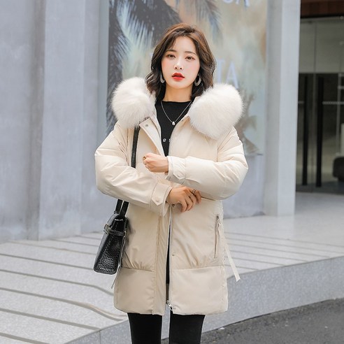 리얼 샷 코튼 패딩 자켓 새로운 다운 자켓 여성 중반 겨울 한국 대형 모피 칼라 코튼 패딩 코트