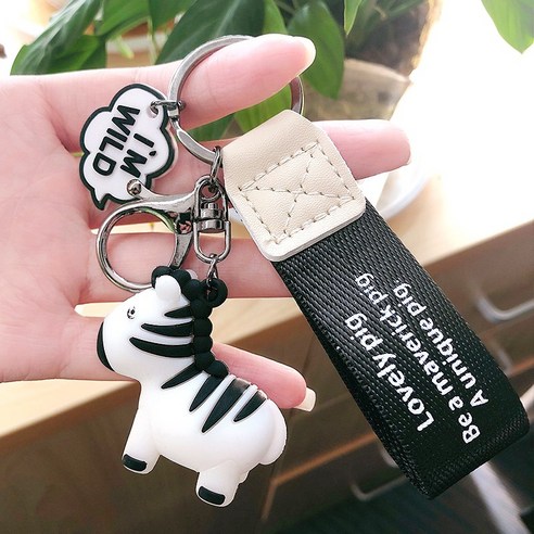 한국 실리콘 만화 귀여운 말 열쇠고리 장식품 가죽 끈 열쇠고리 가방 열쇠고리 장식품, 리본 화이트