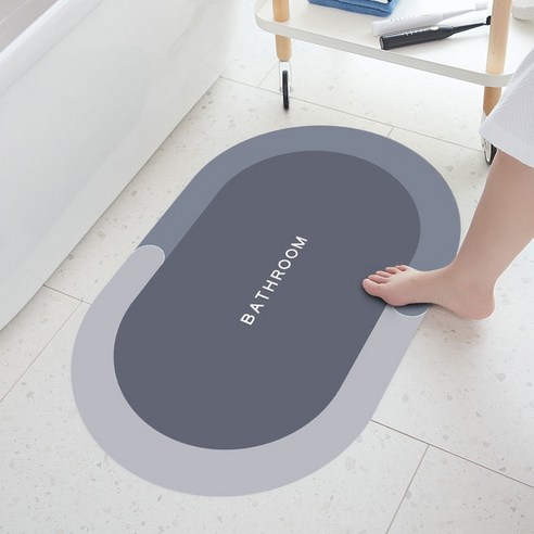 ZZJJC 소프트 실리카 욕실 매트 캐릭터 화장실 입구 물흡입 매트 화장실 미끄럼 방지 매트 속건 매트, 규조니-블루그레이(타원형), 40*60cm