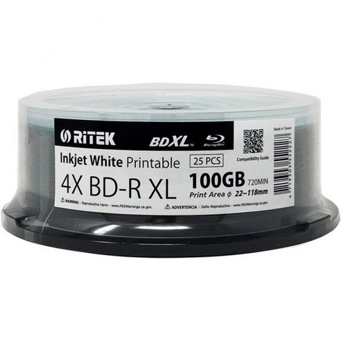 25팩 Ritek BDR XL BDXL 100GB 아카이브 등급 3중 레이어 4X 화이트 잉크젯 허브 인쇄 가능한 블랭크 기록식 스핀들 디스크 1643198