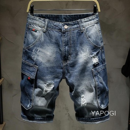 YAPOGI 찢어진 데님 반바지 남성 바지 유행 브랜드 Workwear 느슨한 대형 여름 얇은 거지 크로프트 바지 YAPOGI
