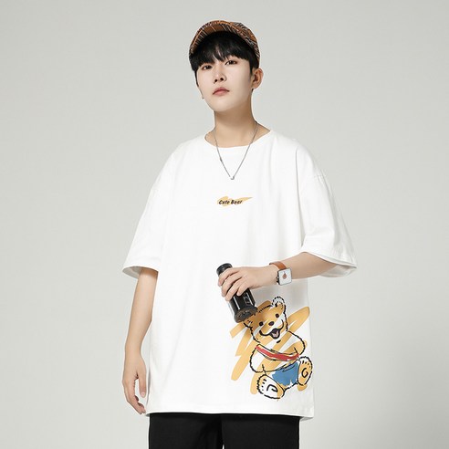 여름 새로운 느슨한 코튼 화이트 반팔 티셔츠 남자 패션 브랜드 커플 곰 프린트 반소매 국가 패션 의류