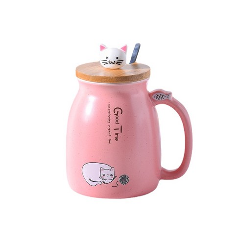 ANKRIC 머그컵 일본 귀여운 만화 고양이 세라믹 컵 뚜껑 창조적 인 찻잔 컵 아침 우유 커피 사무실 커플, YYJ04핑크