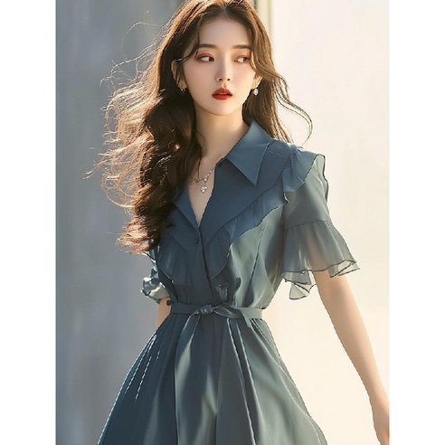 COSYEVNO 프렌치 프릴 원피스 쉬폰 셔츠 원피스