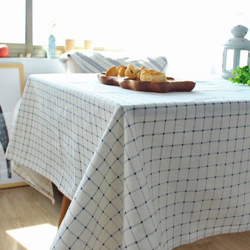 체크 면 린넨 테이블보 심플 고급 식탁보, 블루 라인 Bai ge, 40*60cm (두 조각)
