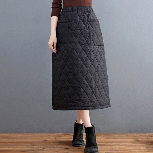 여성용 누빔 롱스커트 겨울 하이웨이스트 포켓 A라인 스커트 Women''s Half Skirt