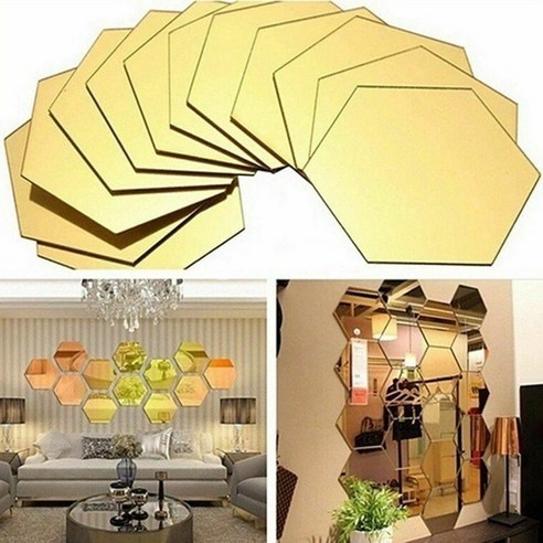 12 Pcs 육각 비닐 홈 장식 벽 스티커 Decal DIY 이동식 3D 미러 CA, 골드, M 100X85x50mm