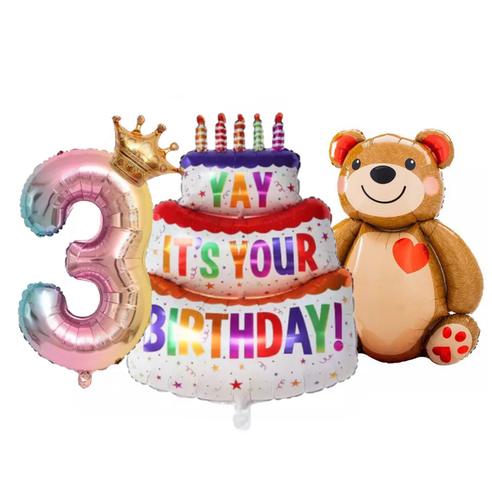 파파 파티 1m 케익 케이크 풍선 생일 파티, 1세트, 케이크+곰돌이+왕관숫자3