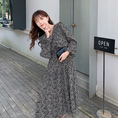 KORELAN 봄 여성복 잔브이넥 예쁜 긴팔 잔꽃 쉬폰 원피스