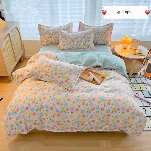 ZZJJC 기모 면 4종 세트 매칭, 꽃바다, 1.5 침대 4피스