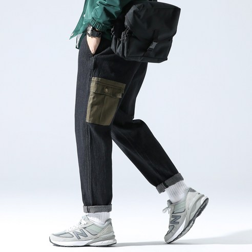 [CCOLATINI] 2021 가을 새로운 대비 색 바느질 씻어 Drawstring 청바지 남성 일본 패션 바지 루스 스트레이트 바지