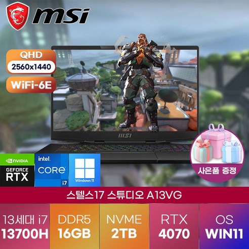 MSI 노트북 스텔스17 스튜디오 A13VG QHD (016) 13세대 (i7-13700H/4070) 고성능 고사양 게이밍 노트북, WIN11 Pro, 64GB, 2TB, 코어i7, 블랙