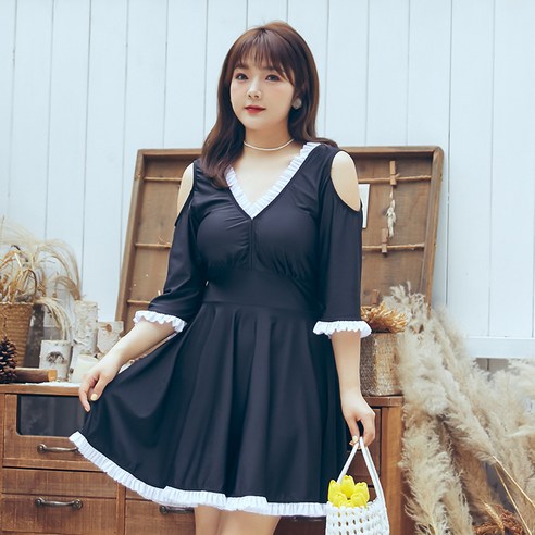 KORELAN 오프숄더 편안 빅사이즈 여자 수영복 반팔 거품 온천 스커트 배가리개 MM 수영복, 검정색, {"사이즈":"XXL"}