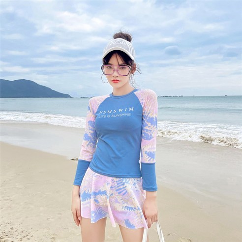 DFMEI 새로운 수영복 스플릿 스포츠 투피스 세트 보수당 수영복 슬리밍 숨어 한국어, DFMEI 블루 긴 소매