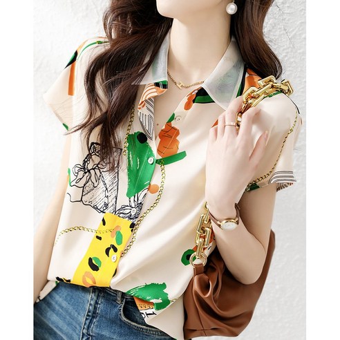 [바니드] 여성의류 추상 프린터 인쇄셔츠 여름반팔 루즈핏 디자인 블라우스 0202