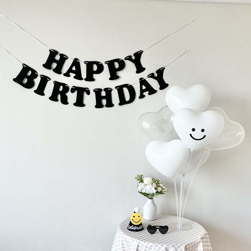 연지마켓 생일가랜드 하트 풍선 생일 파티 용품 세트, 1세트, 블랙 스마일 스티커