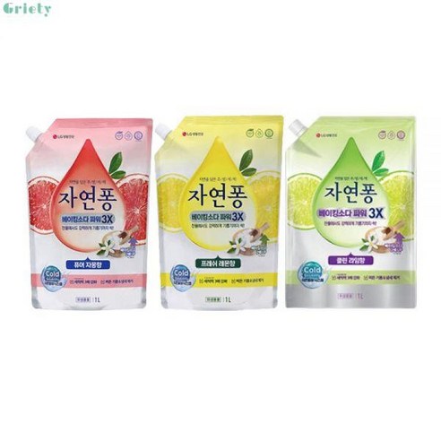 테온셀 자연퐁 베이킹소다파워 3X 주방세제 리필 1L 3개(자몽향 1개+레몬향 1개+클린라임향 1개), 라임 용기 1개 + 리필 2개