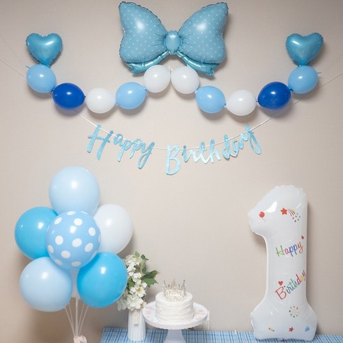 연지마켓 생일풍선 생일파티용품 리본풍선 숫자세트, 블루리본 화이트세트 1