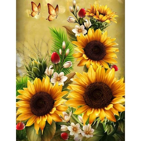 지산 보석십자수 캔버스형 50 x 40 cm DIY 세트, F04 - 금빛해바라기랑 나비, 1세트