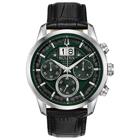 Bulova 남성용 시계 Sutton - 96B310 그린/블랙 스트랩 396755, 그린/블랙 가죽 스트랩