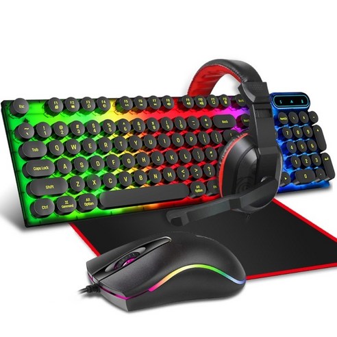 4-1 게임 키보드 + 마우스 + 헤드셋 + Mousepad RGB LED 유선 기계식 느낌, BK