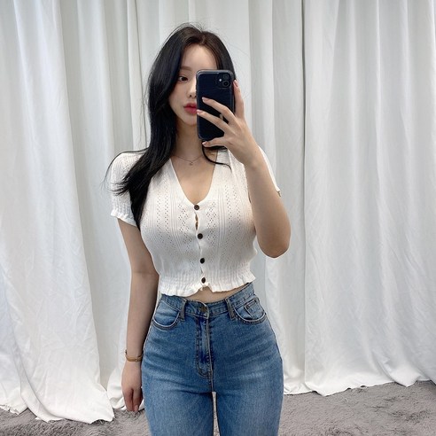 VANANA2 여성용 브이넥 펀칭 크롭 니트 반팔 가디건
