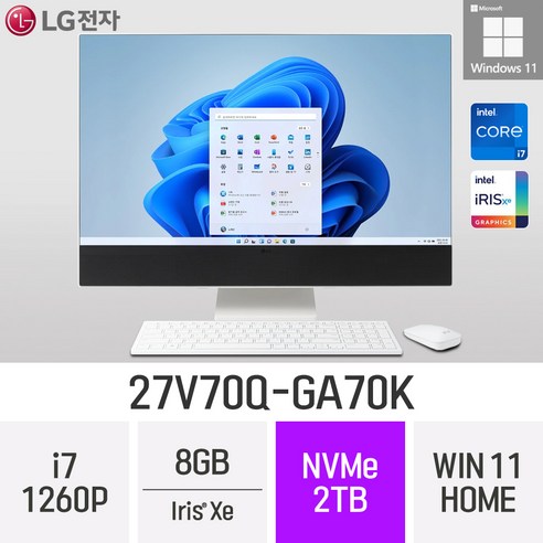 LG 일체형PC 27V70Q-GA70K 윈도우11 27인치 인텔 12세대 사무용 인강용 재택근무용 일체형PC, 8GB, Win11 Home, 512GB