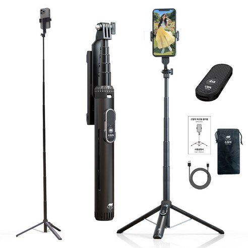 스틸덕 155cm 최고봉 셀카봉 삼각대 올인원 블루투스 C타입 리모컨, 블랙, 1개