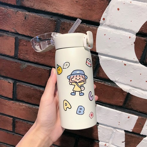smy보온병 짚 물 컵 여성 학생 신선한 만화 귀여운 간단한 모리 휴대용 튀는 커버 한국 컵, 스티커 350 Ml/화이트, 하나