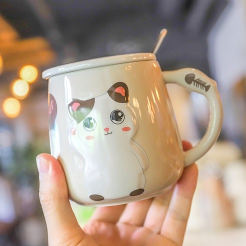 일본식 입체 부조 고양이 도자기 컵, 회색/회색, 420ml