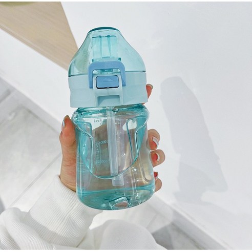 【휴대용 물병】크리 에이 티브 플라스틱 컵 휴대용 컵 여성 여름 밀짚 남자 간단한 동행 컵, 시안 400Ml