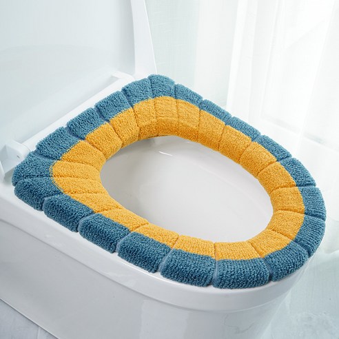 유니버설 변기 매트 방석 사계절 두꺼운 변기 커버 니트 스타일 변기 방석 물세탁 가정용 변기 커버, 파랑+노랑