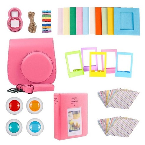Fujifilm Instax Mini 9 카메라 PU 케이스 필터 + 렌즈 선물 세트 닫기, 플라밍고 핑크, 116mm x 118.3mm x 68.2mm, 플라스틱