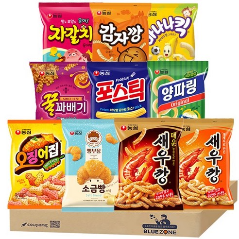 블루존 농심스낵10종 B세트 (바나나킥+감자깡+자갈치+양파링+포스틱+꿀꽈배기+새우깡+매운새우깡+오징어집+빵부장소금)