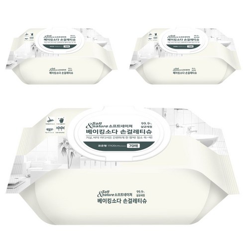 소프트네이쳐 베이킹소다 손걸레티슈 캡형 습식, 65g, 70매, 3개