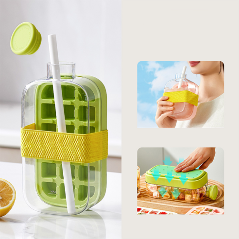 SMABAT 아이스 메이커 보틀 휴대용 아이스볼 아이스 트레이 2in1 얼음틀 물병 800ML 컵 밴드 빨대 포함, 1개, 그린