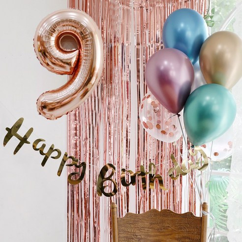파티스토어 생일파티 4종세트 _ 홈파티세트 파티용품세트, 생일파티 4종세트(메탈크롬)_숫자풍선(로즈골드)_9